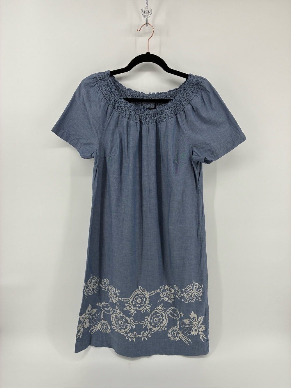 Talbots Blue Short-Sleeve Floral Embroidered Chambray Midi Dress